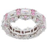 Elegant sterling silver ring featuring sparkling emerald-cut Moissanite and pink gemstones, perfect for luxury style.